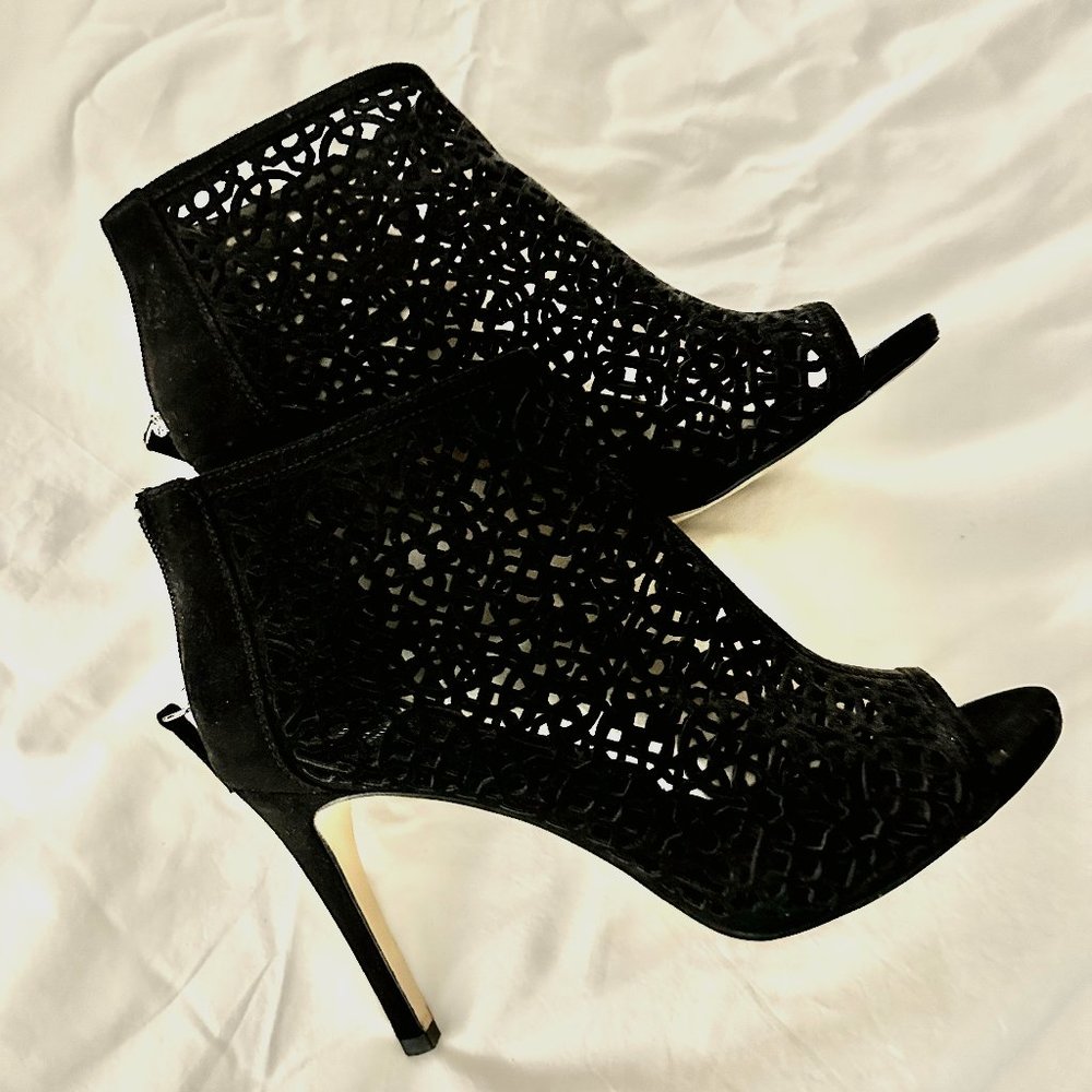 WHBM Black Suede Laser-Cut Booties